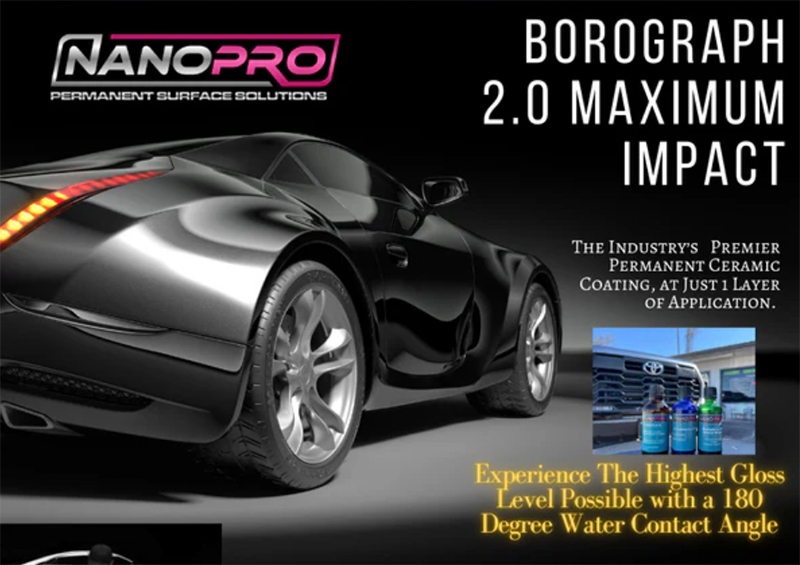 A shiny black sports car advertises NanoPro Borograph 2.0 ceramic coating for high gloss and water resistance.
