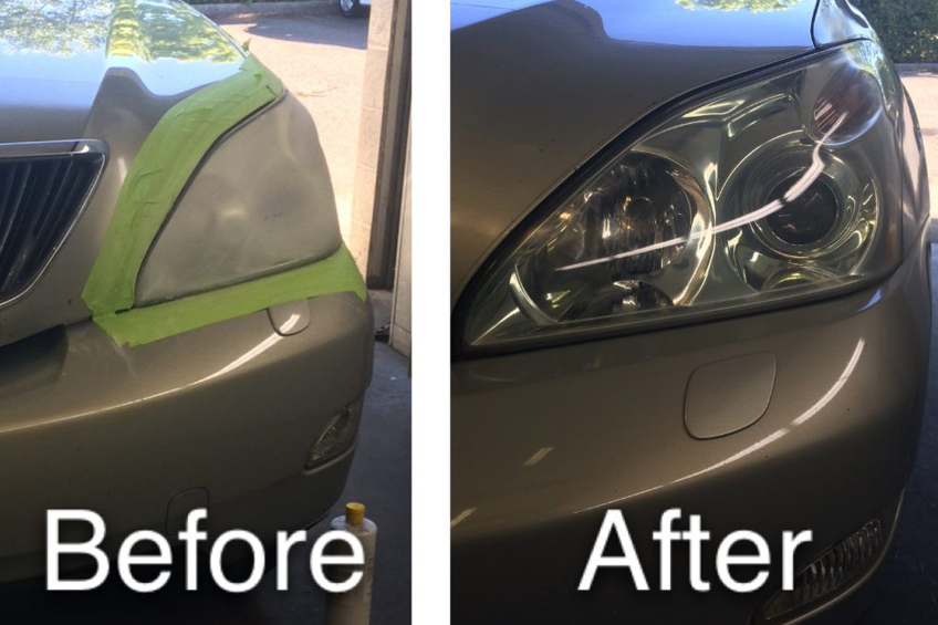 Side-by-side comparison of a car headlight before restoration (foggy) and after restoration (clear).