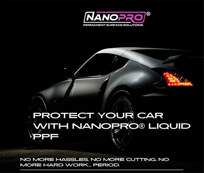 Matte black sports car with text promoting NanoPro Liquid PPF for car protection; logo in top right corner.