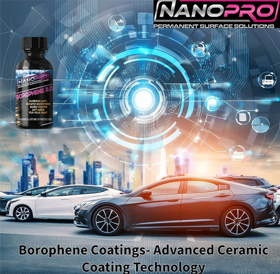A lineup of cars in front of a futuristic digital background, promoting NanoPro borophene ceramic coating technology.