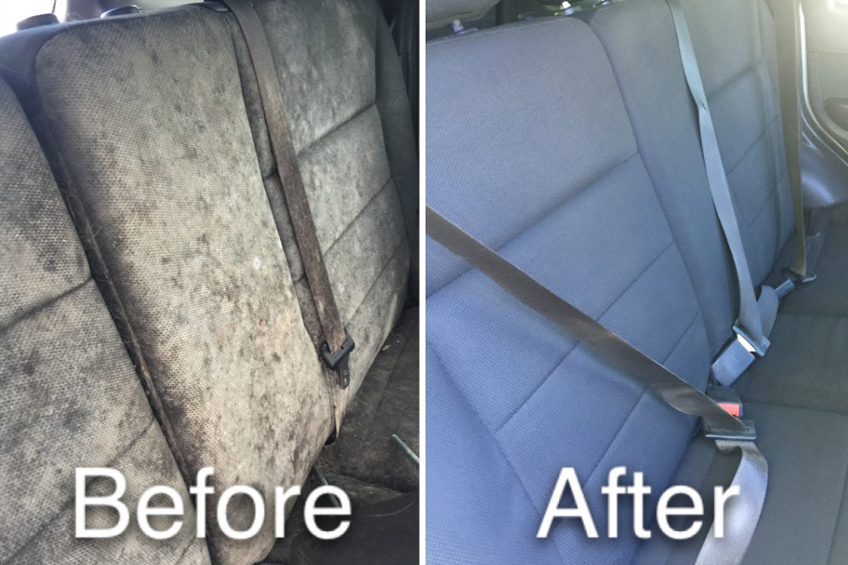 Side-by-side of a car backseat: left side is dirty and stained, right side is clean and restored.